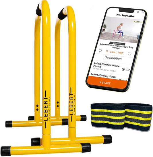 Fitness Dip Bar Stand - Original Equalizer Total Body Strengthener Pull up Bar Home Gym Exercise Equipment Dipping Station - Hip Resistance Band, Workout Guide and Online Group - Yellow
